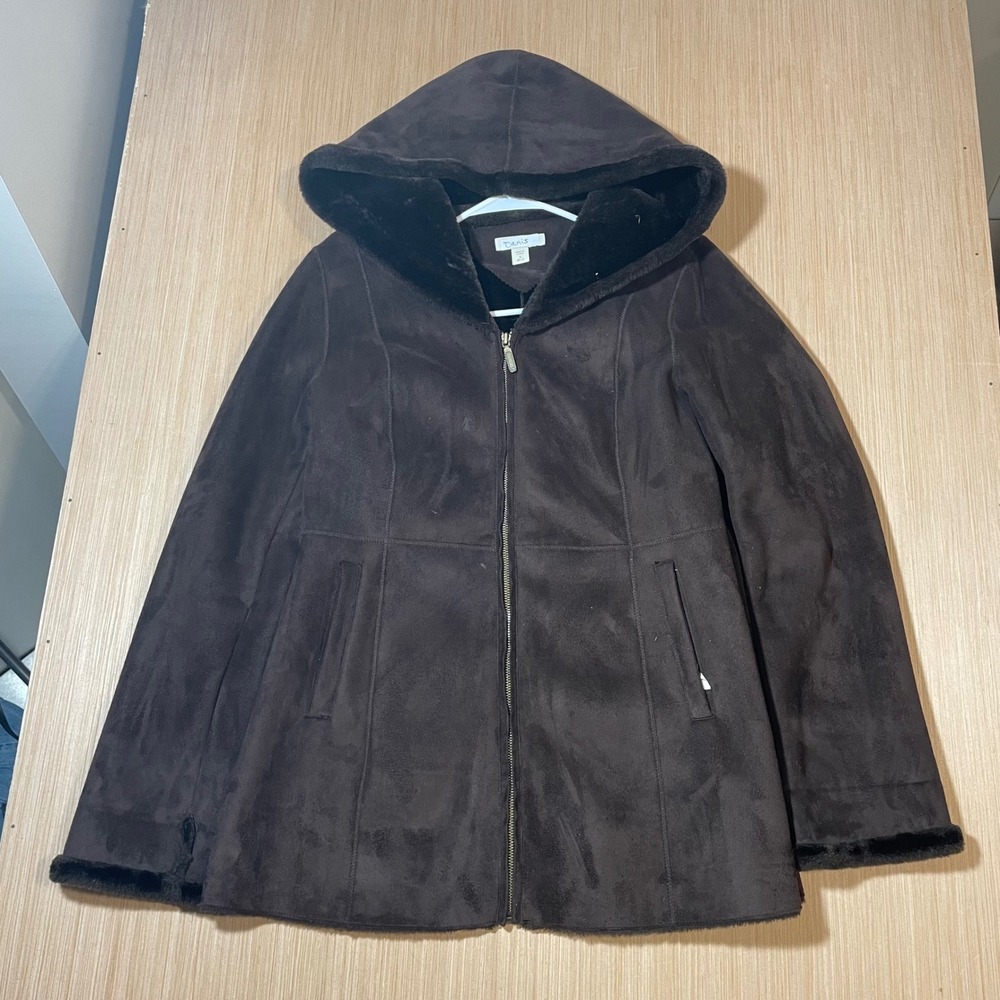 Danis Hooded Jacket Women Brown Faux Suede Fur Lined Full Zip Coat Medium 10-12
